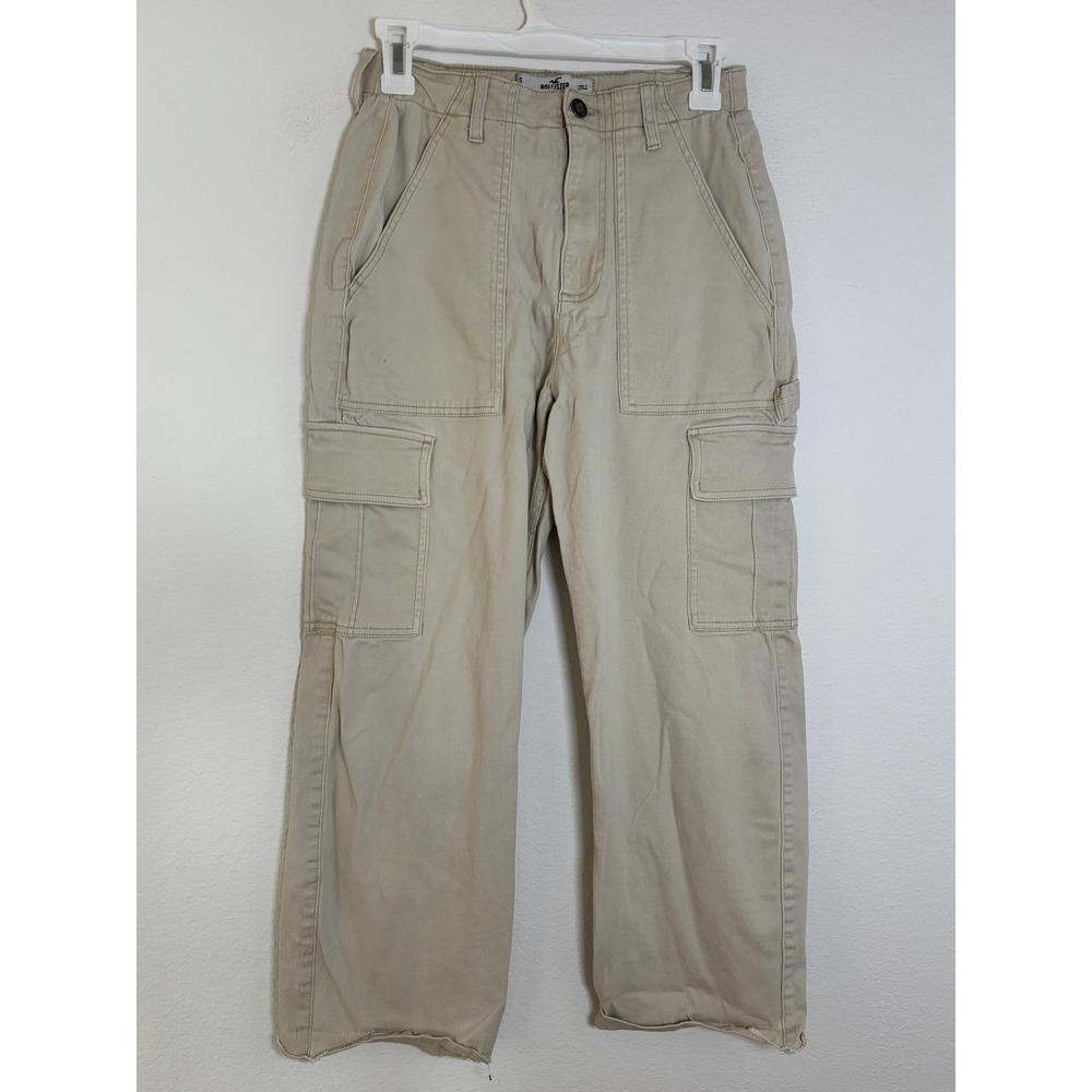 Hollister Ultra High Rise Cargo Pants Tan Khaki Wide Leg Raw Hem Small